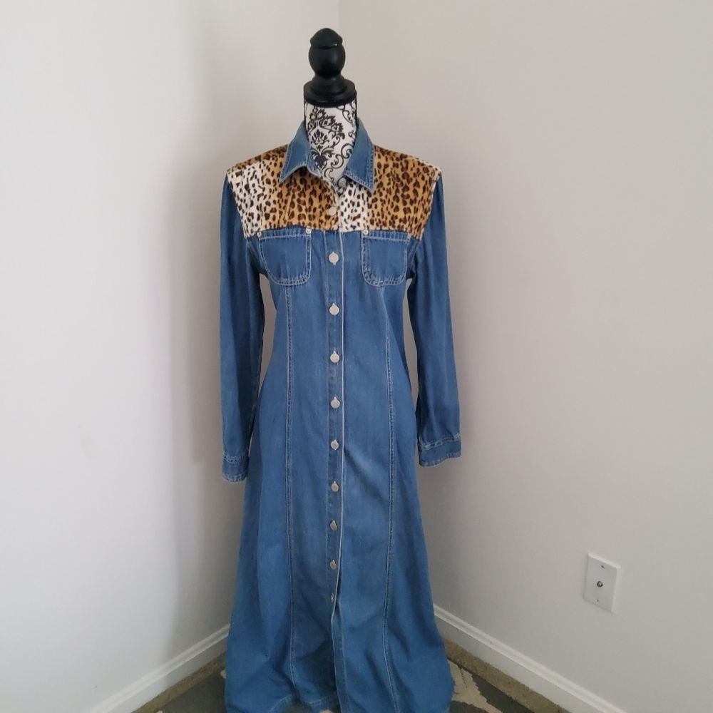 BACCINI Denim Leopard Print Longsle Button-down Dress Large Denim Blue Black Tan